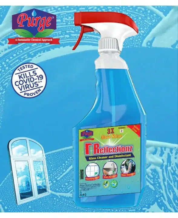 Purge Γ Reflectionz - Glass Cleaner & Disinfectant - Multipurpose Glass And Surface Cleaner - Glass Disinfectant Liquid - For Automobiles Glass - For Silver Lined Glass - Glass Windows - Metallic, Plastic And Ceramic & Fabric Surface - Purge